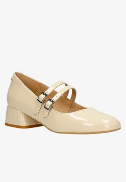 Beżowe buty Mary Jane z lakierowanej skóry