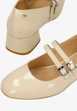 Beżowe buty Mary Jane z lakierowanej skóry