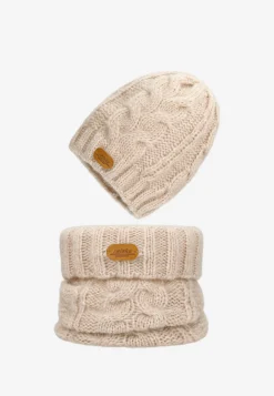 Beżowy komplet z wełny merino czapka + komin