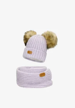 Fioletowy zestaw BARTEK 85603-86 z wełną merino - czapka z dwoma pomponami i komin