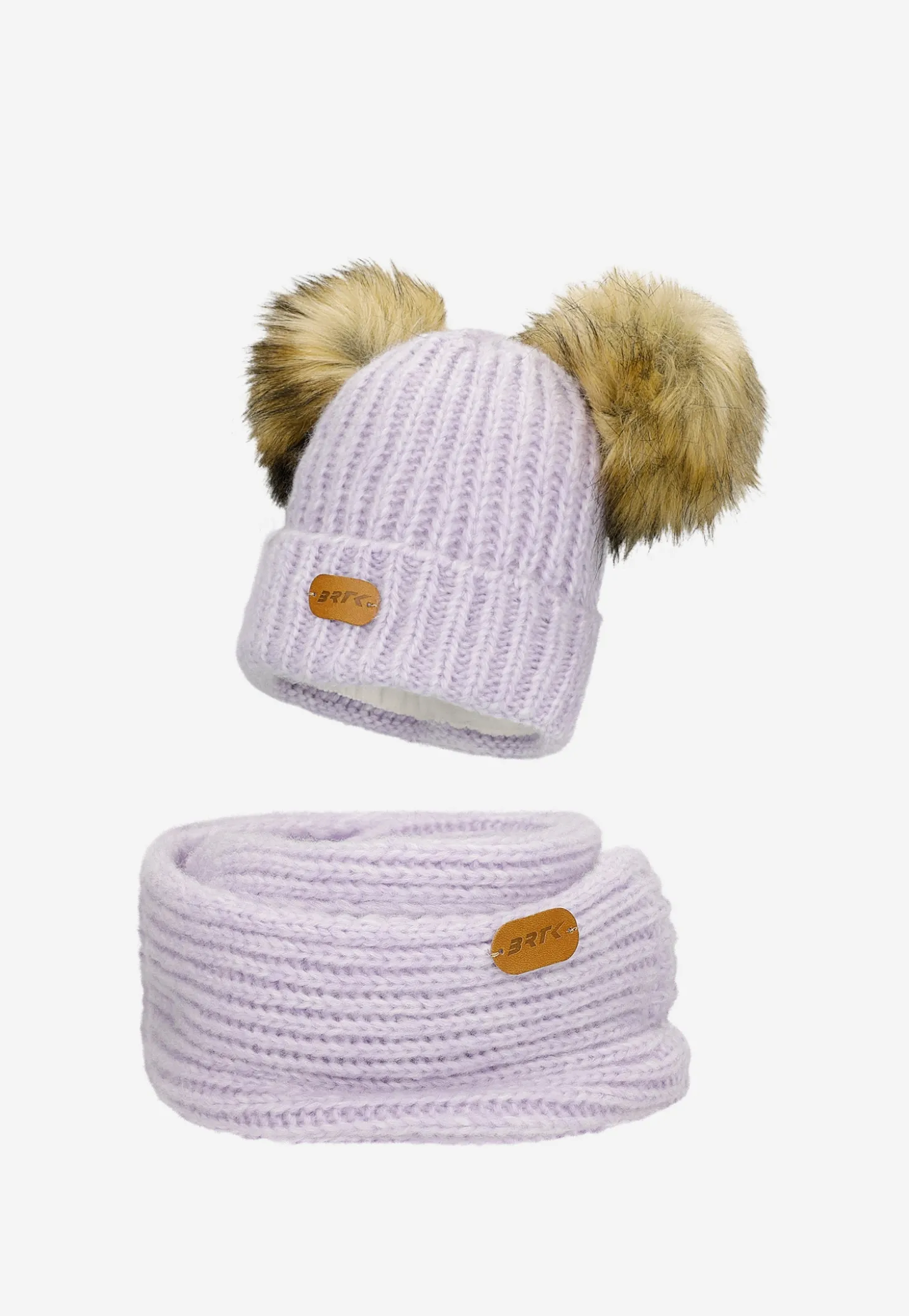 Fioletowy zestaw BARTEK 85603-86 z wełną merino - czapka z dwoma pomponami i komin