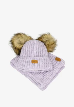 Fioletowy zestaw BARTEK 85603-86 z wełną merino - czapka z dwoma pomponami i komin