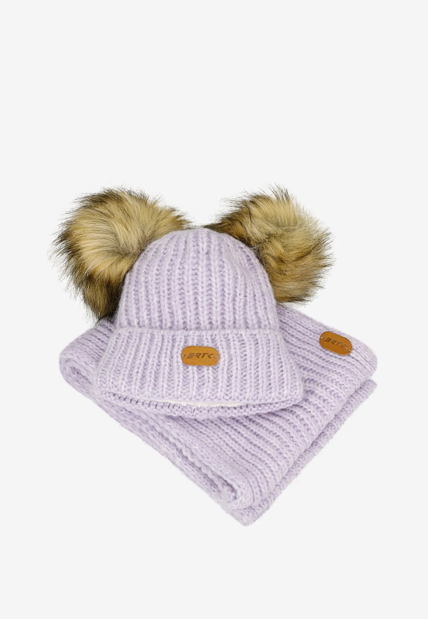 Fioletowy zestaw BARTEK 85603-86 z wełną merino - czapka z dwoma pomponami i komin