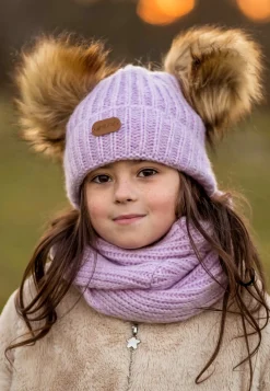 Fioletowy zestaw BARTEK 85603-86 z wełną merino - czapka z dwoma pomponami i komin