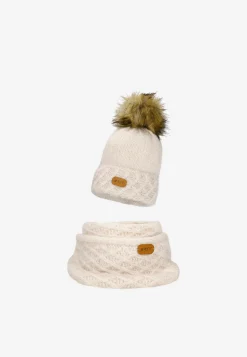 Jasnobeżowy komplet BARTEK 8560284 czapka + komin z wełną merino