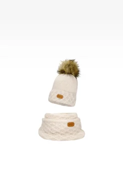 Jasnobeżowy komplet BARTEK 8560284 czapka + komin z wełną merino