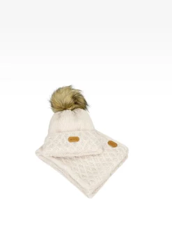 Jasnobeżowy komplet BARTEK 8560284 czapka + komin z wełną merino