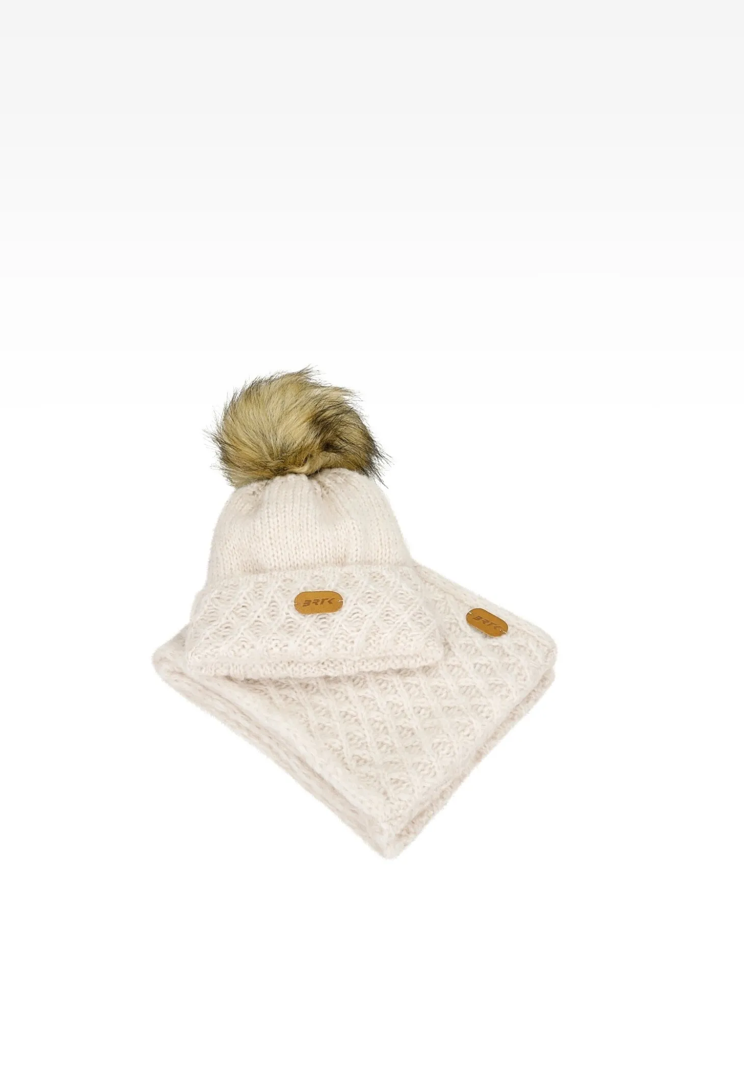 Jasnobeżowy komplet BARTEK 8560284 czapka + komin z wełną merino