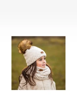 Jasnobeżowy komplet BARTEK 8560284 czapka + komin z wełną merino
