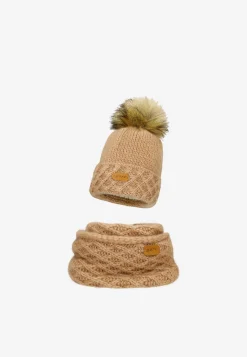 Jasnobrązowy zestaw BARTEK 85602-83 z wełną merino - czapka + komin