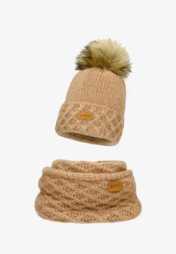 Jasnobrązowy zestaw BARTEK 85602-83 z wełną merino - czapka + komin
