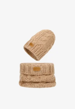 Jasnobrązowy zestaw BARTEK z wełny merino 85604-82, czapka + komin