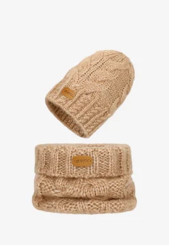 Jasnobrązowy zestaw BARTEK z wełny merino 85604-82, czapka + komin