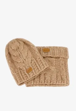 Jasnobrązowy zestaw BARTEK z wełny merino 85604-82, czapka + komin