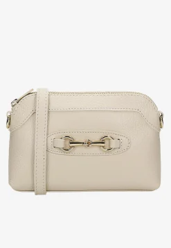 Mała beżowa torebka damska ze złotą ozdobą
