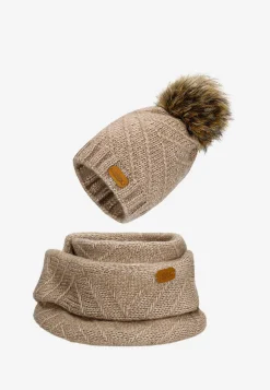 RELAKS beżowy komplet z wełny merino czapka z pomponem + komin