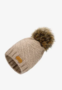 RELAKS beżowy komplet z wełny merino czapka z pomponem + komin