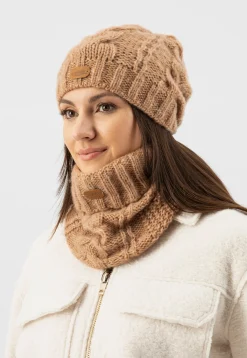 RELAKS jasnobrązowy zestaw z wełną merino - czapka + komin