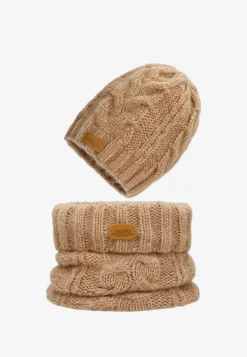 RELAKS jasnobrązowy zestaw z wełną merino - czapka + komin
