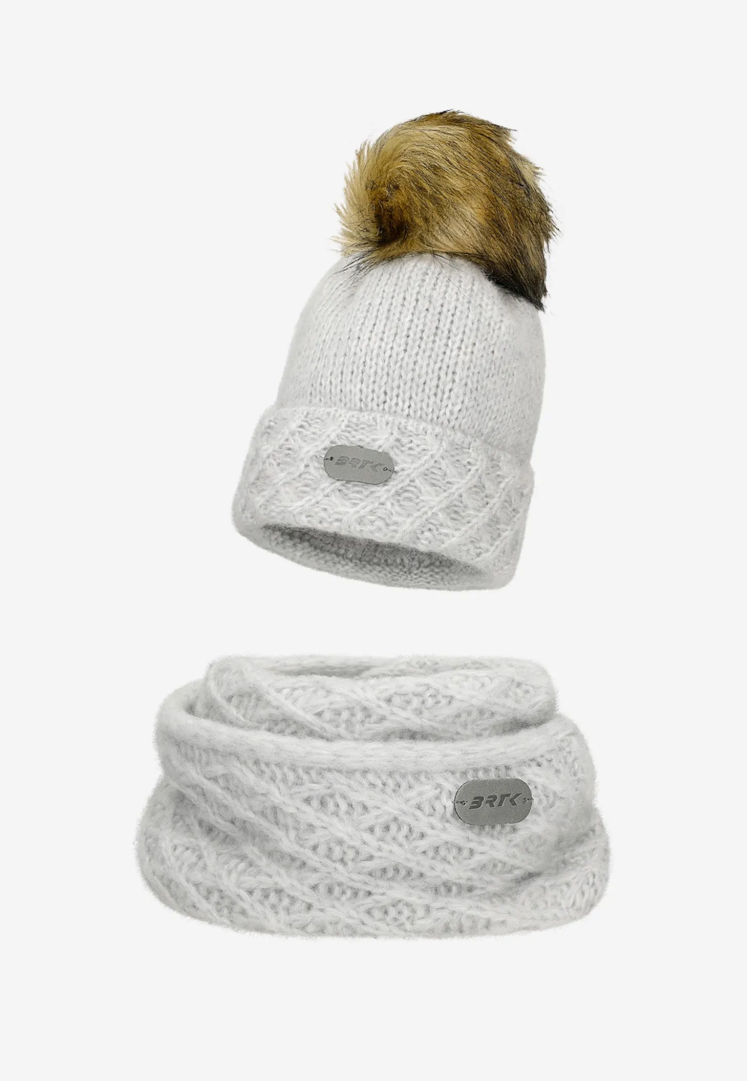 Szary zestaw BARTEK z wełną merino 85602-80 czapka z puchatym pomponem + komin