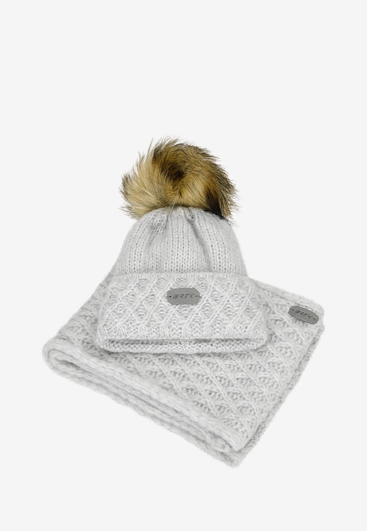 Szary zestaw BARTEK z wełną merino 85602-80 czapka z puchatym pomponem + komin