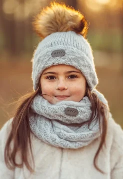 Szary zestaw BARTEK z wełną merino 85602-80 czapka z puchatym pomponem + komin