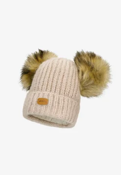 Zestaw zimowy z wełną merino BARTEK 85603-84 beżowa czapka z dwoma pomponami i komin