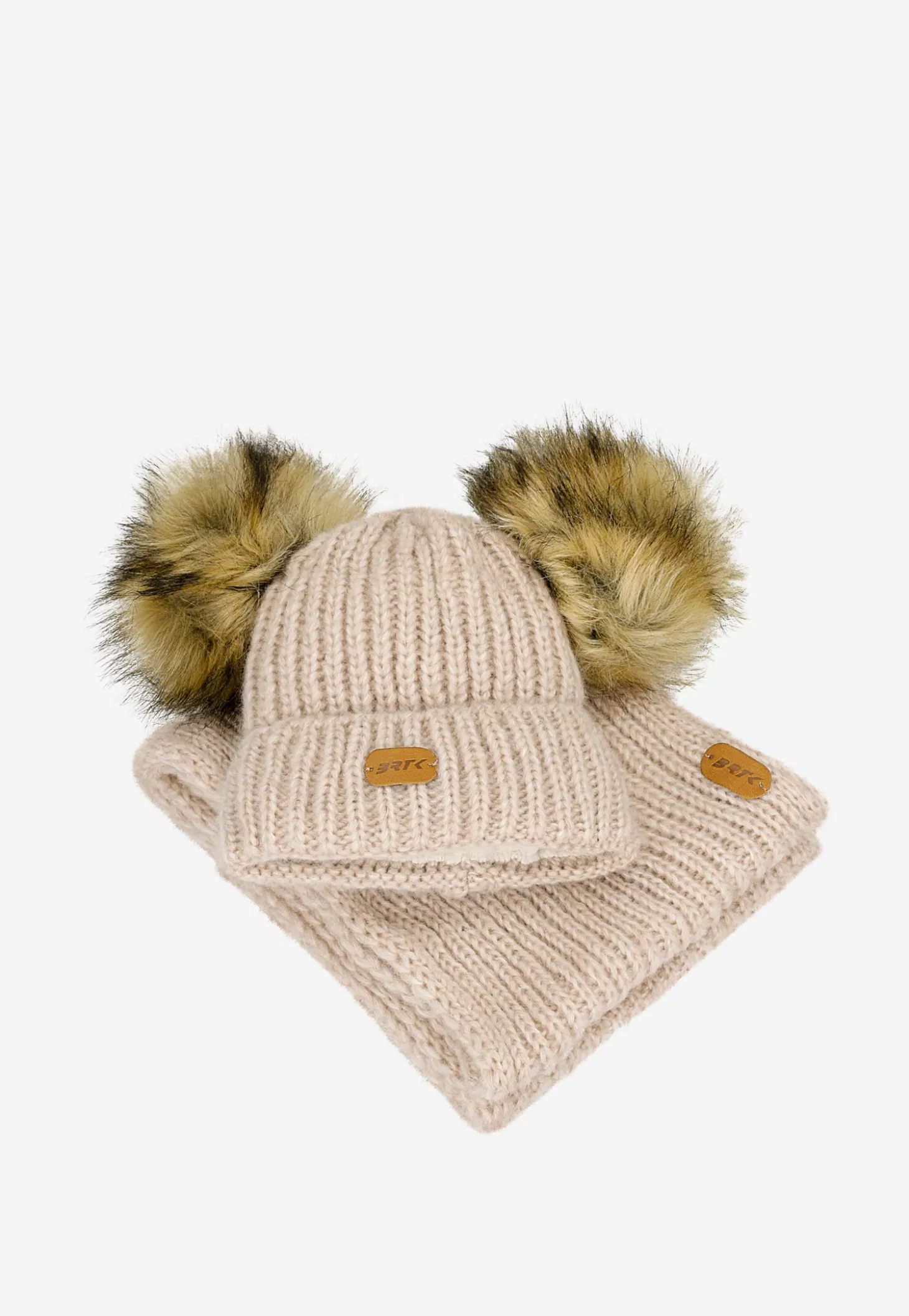 Zestaw zimowy z wełną merino BARTEK 85603-84 beżowa czapka z dwoma pomponami i komin
